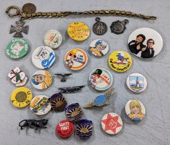 Mixed badges to include The Smurfs, Dr Who and others, together with silver medals and others