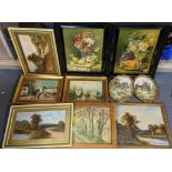 Mixed pictures to include oils on board depicting country landscapes, still life oleographs, and