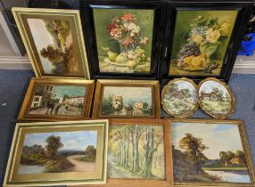 Mixed pictures to include oils on board depicting country landscapes, still life oleographs, and