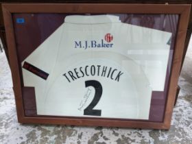 A vintage signed TRESCOTHICK cricket shirt, mounted in glazed frame, 65.5cm x 88.5cm Location: