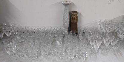 A selection of mainly crystal cut glassware, together with two studio pottery vases, one signed
