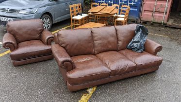 A modern brown leather three seater sofa and armchair Location: CON