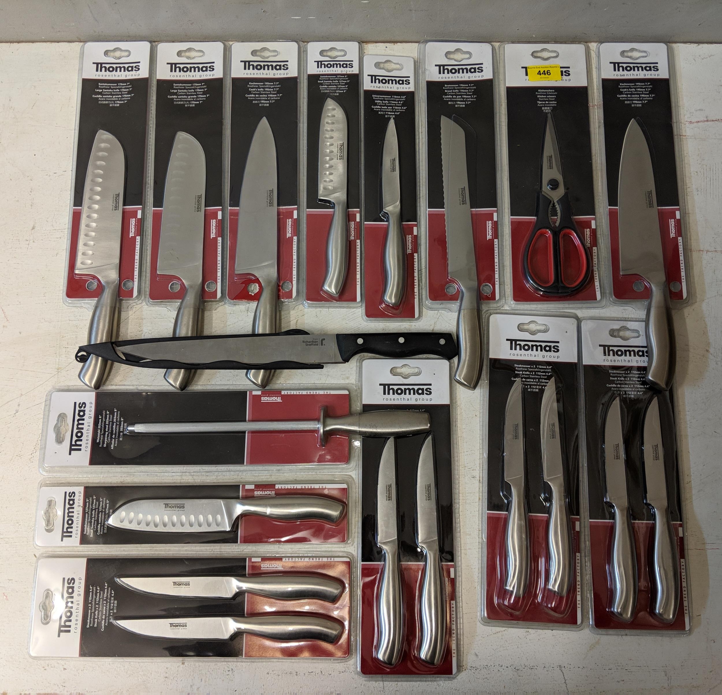 Sixteen as new Thomas kitchen knives, scissors and steel and two other knives Location: