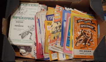 A box of 350+ mainly 1960- 70s, some 1980, UK Speedway programmes; venues include Exeter-New Cross-