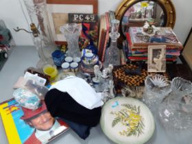 A mixed lot to include children's annuals, a circular mirror, silver plate, cut glass, a blue