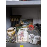 A mixed lot to include studio pottery jugs, a Victorian cheese dish, Irish Wade pixies, four
