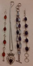 Silver bracelets and a necklace to include a moonstone and amethyst bracelet, an amethyst