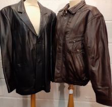 Two vintage gents leather jackets comprising a soft black leather jacket with 2 front deep