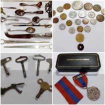 A mixed lot of silver and silver plated collectables, clock keys, coins and Imperial Service medal