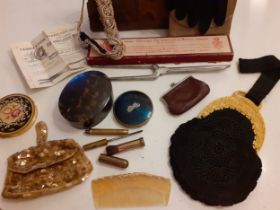 A mixed lot comprising a vintage brown snakeskin handbag with mirror and purse, 2 vintage