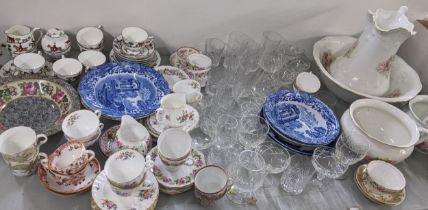 A mixed lot to include a wash jug with bowl, Staffordshire hunting scene porcelain, cut glassware