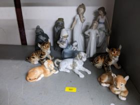 Lladro, Nao and Russian figures to include Oriental elderly man, and animals, dogs, tigers, lions