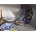 A selection of china and glassware to include a Waterford pedestal boat shaped fruit bowl on a