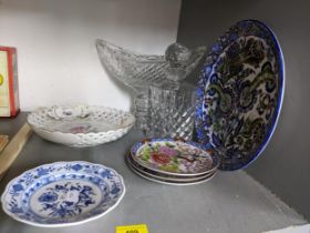 A selection of china and glassware to include a Waterford pedestal boat shaped fruit bowl on a