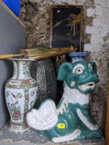 Oriental ceramics to include a blue and white vase, a Dog of Foo, modern Canton vase, and a metal