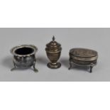A Silver Salt Cellar Together with a Silver Pepperette and Silver Ring Box, Various Hallmarks and