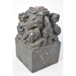 A Large Reproduction Chinese Bronze Seal with Entwined Dragon Finials, 14.5cm High