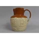 A Salt Glazed Stoneware Jug, Decorated in Relief with Tavern Scene, George and the Dragon, Windmill,