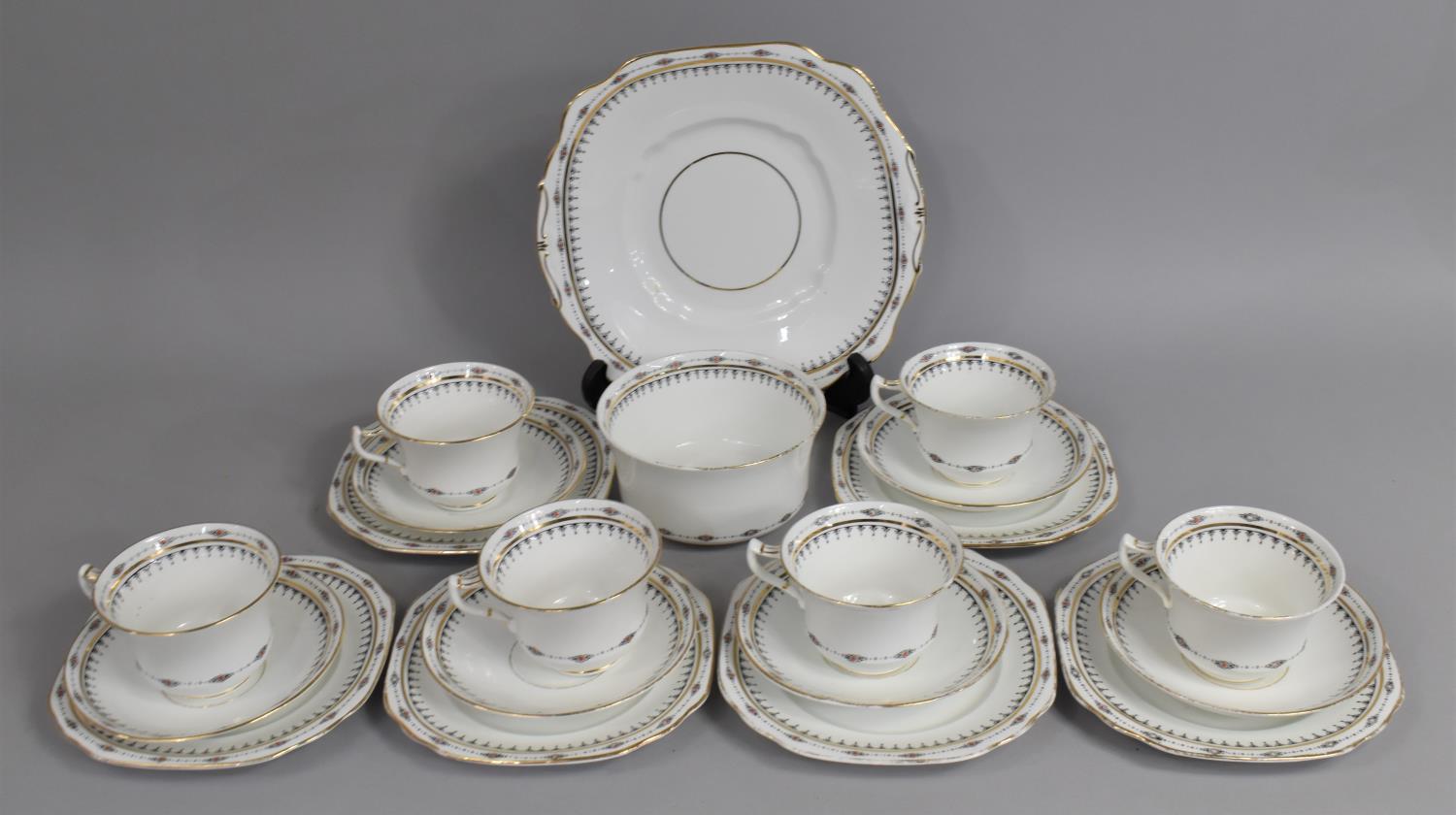 An Early/ Mid 20th Century Tea Service Having Gilt and Black Scrolled Trim Comprising Six Cups, Slop
