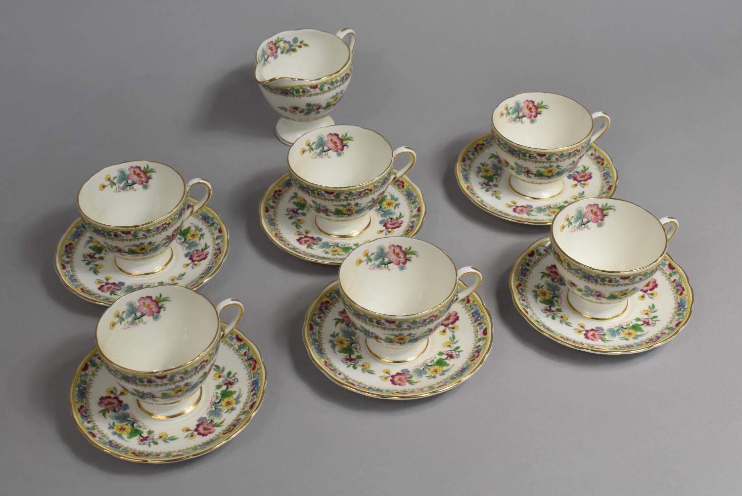 A Foley Ming Rose Coffee Set to comprise Six Cups, Six Saucers and a Milk Jug (One Cup Handle Glued)