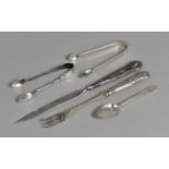 A Collection of Silver and Silver Handled Flatware to Comprise Sugar Tongs, Letter Opener etc,