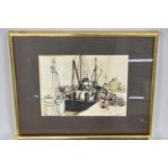 George J Drought, Ink and Wash, Boat in Harbour, Framed and Glazed, 22.5x31cms, Frame 40x50cms