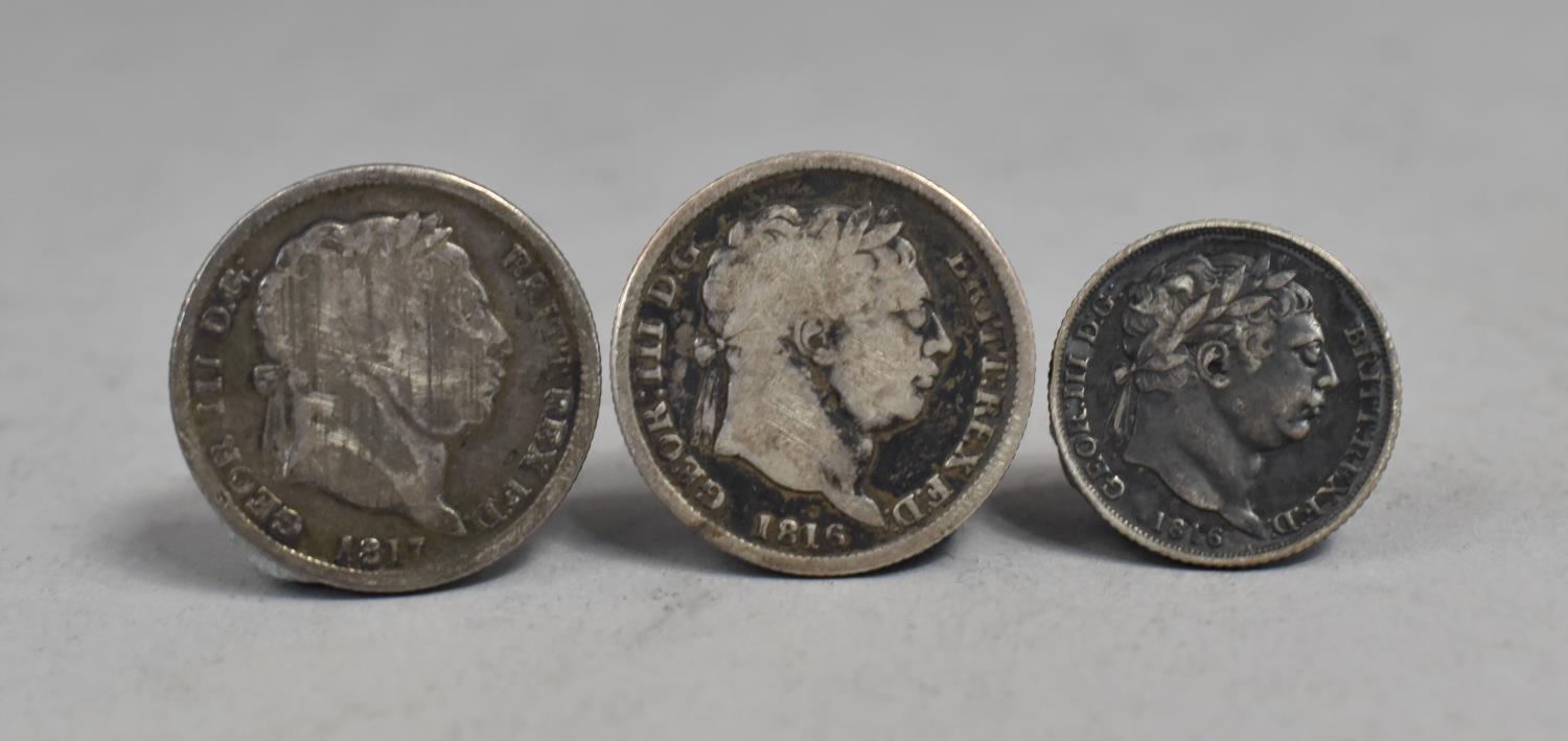 Three Georgian Silver Coins, 1816 & 1817 Shillings Together with a 1816 Sixpence