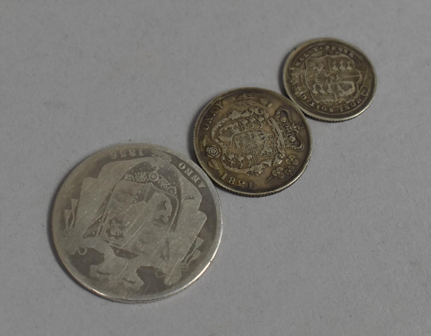 Three Georgian Silver Coins, George III 1816, George IV 1821 and a Further 1836 Coin (Rubbed) - Image 2 of 2