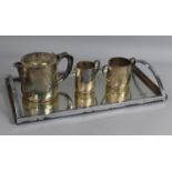 A Silver Plated and Wooden Rectangular Drinks Tray together with a James Deacon and Sons Three Piece