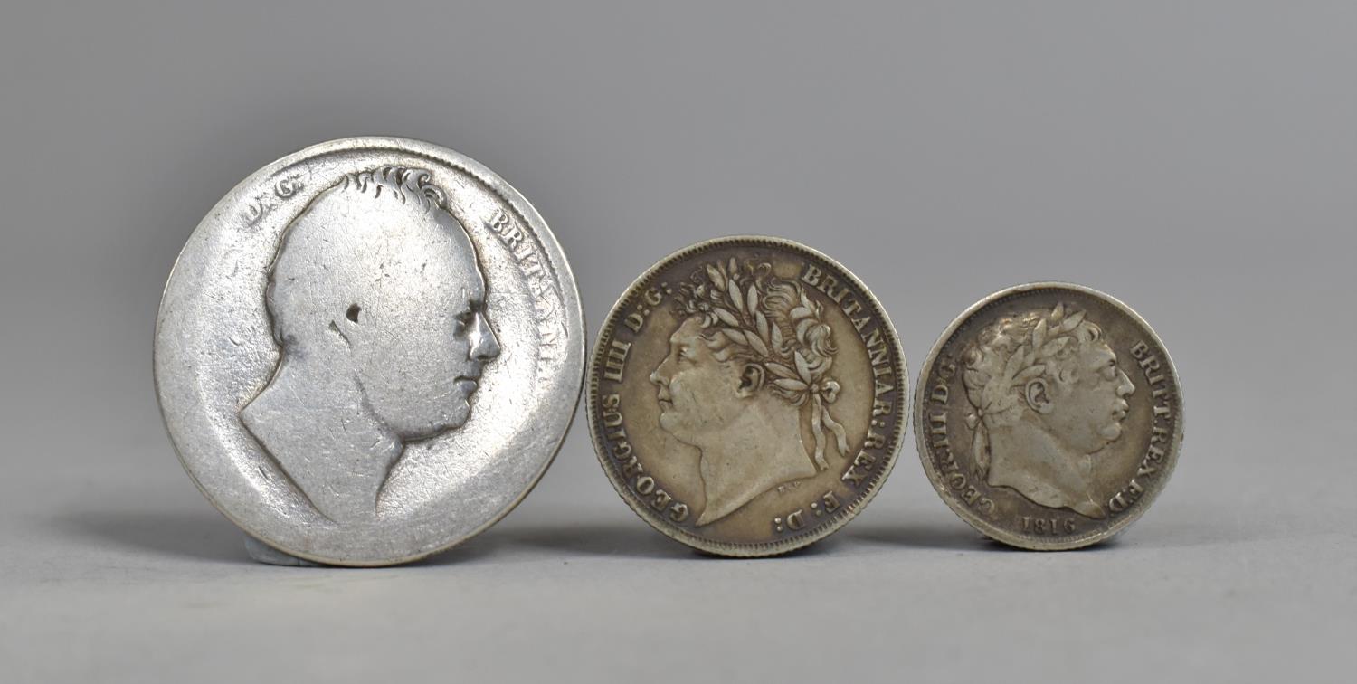 Three Georgian Silver Coins, George III 1816, George IV 1821 and a Further 1836 Coin (Rubbed)