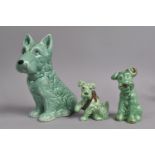 Three Sylvac Terrier Dogs, Green Glaze to include Example 1455 and 1207, Tallest 20cms High