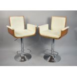 A Pair of Chromed Based Bar Stools of U Shaped Design, in White Leather Effect and Walnut Wood,