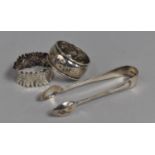 Two Silver Napkin Rings Together with a Pair of Sugar Tongs, 33g