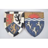 Two Carved Wooden Painted Shields for Powys and Merioneth, 14x18cms High