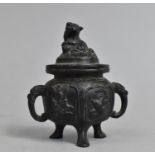 A Small Patinated Metal Two Handled Censer with Three Feet, Temple Dog Finial, 10cms High