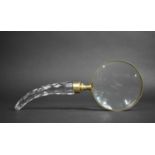 A Modern Brass and Faceted Glass Handled Desktop Magnifying Glass with Horn Shaped Handle, 27cm Long