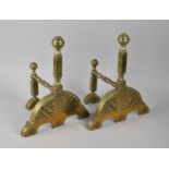 A Pair of Late 19th Century Aesthetic Brass Fire Dogs with Etched Decoration, Each 27cm Wide and