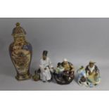 Three Chinese Mudmen Figures together with a Japanese Lidded Vase (Condition issues)