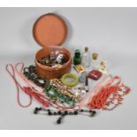 A Vintage Leather Collar Box Containing Bottles, Beads, Watches Etc