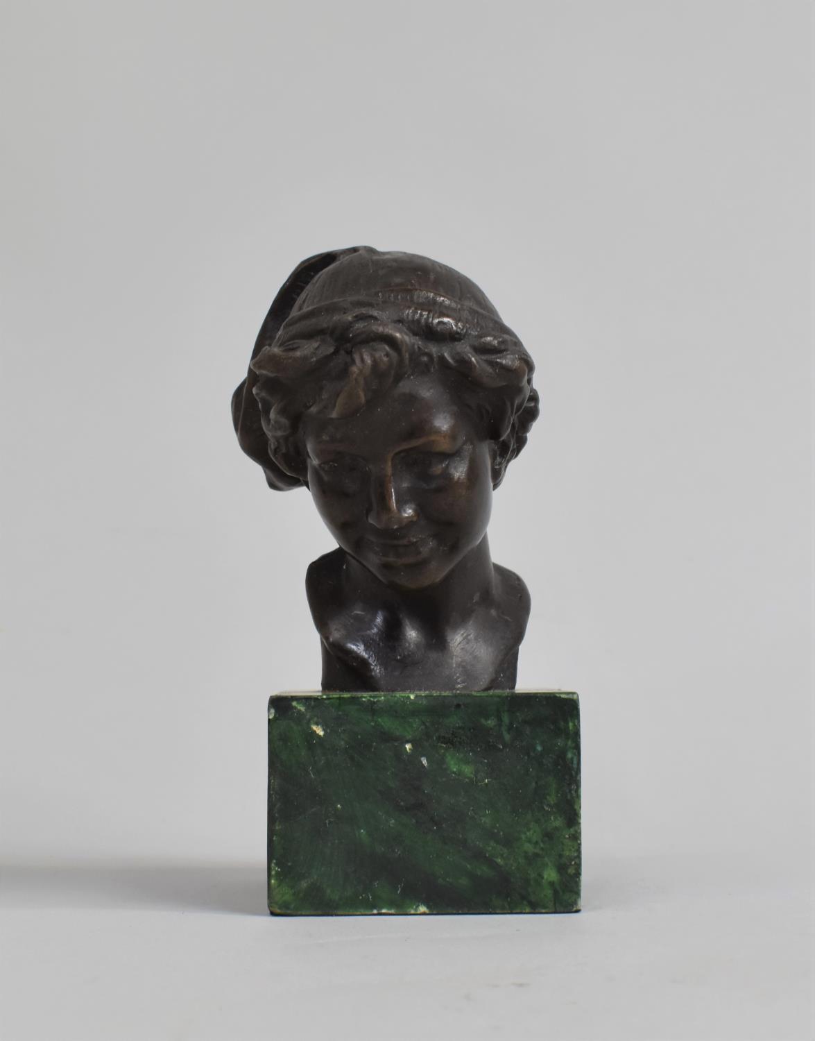 A Reproduction Bronze Bust of Peter Pan on Marble Plinth, 12cm high - Image 2 of 2