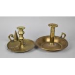 Two 19th Century Brass Bed Chamber Sticks, One with Snuffer and Snips