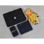 Three Modern Leather Cases Together with a Teddy Bear