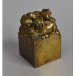 A Large Chinese Reproduction Heavy Gilt Bronze Cube Seal Decorated with Goats Having Jewelled