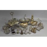A Collection of Various Silver Plated Items to comprise Cruet Stand, Toast Rack, Sauce Boats, Shaker