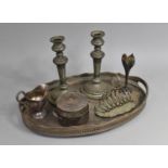 A Silver Plated Two Handled Oval Galleried Tray together with a Pair of Candlesticks, Lidded