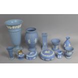 A Collection of Various Wedgwood Blue and White Jasperware to comprise Vase, Candlestick, Lidded