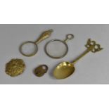 Two Brass Handled Magnifying Glasses, Brass Spoon, Small Brass Padlock etc