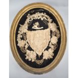 A Framed Victorian French Papercraft Oval in Gilt Frame, Heraldic Shield Bordered by Garland of