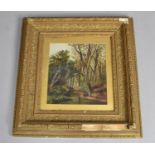 A Gilt Framed Oil, Woodland Stream, 22x25cms, Condition Issues