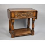 A Mid 20th Century Oak Drop Leaf Side Table with Single Carved Drawer, Turned Supports and Pot